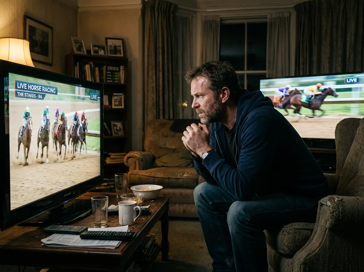 Persoon kijkt gespannen naar sportwedstrijd op scherm
