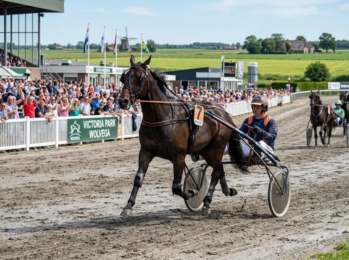 Nederlandse drafbaan met sulky en pikeur