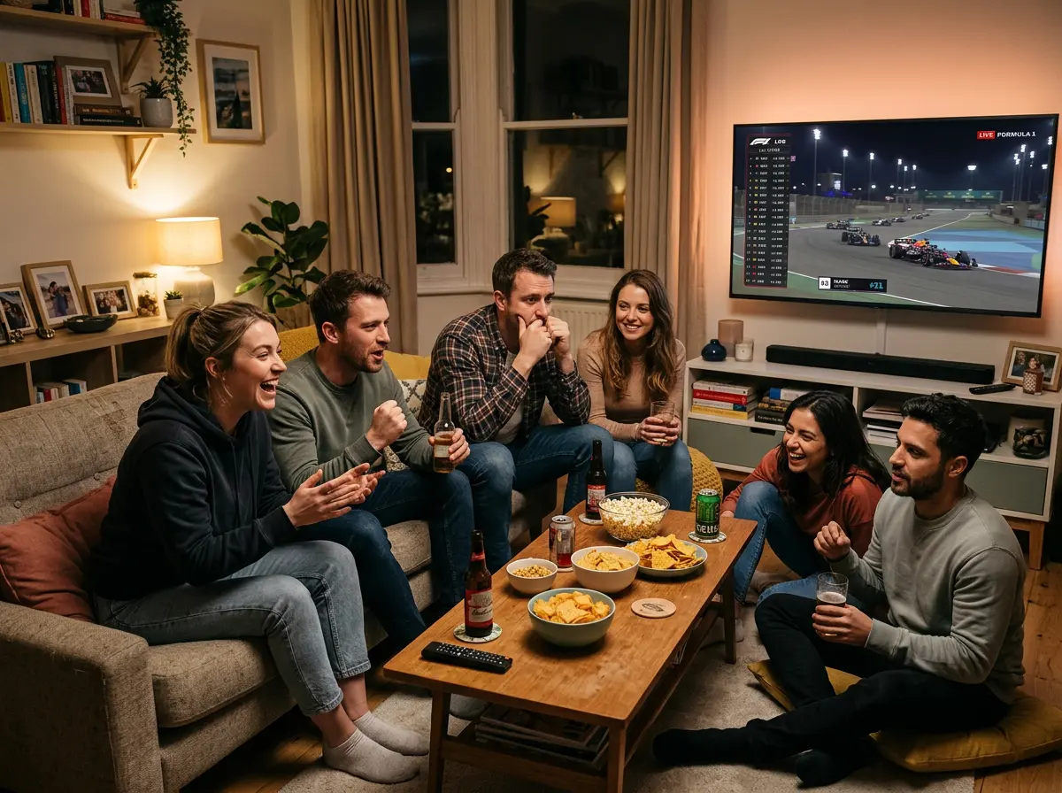 Groep vrienden kijkt samen naar sportwedstrijd
