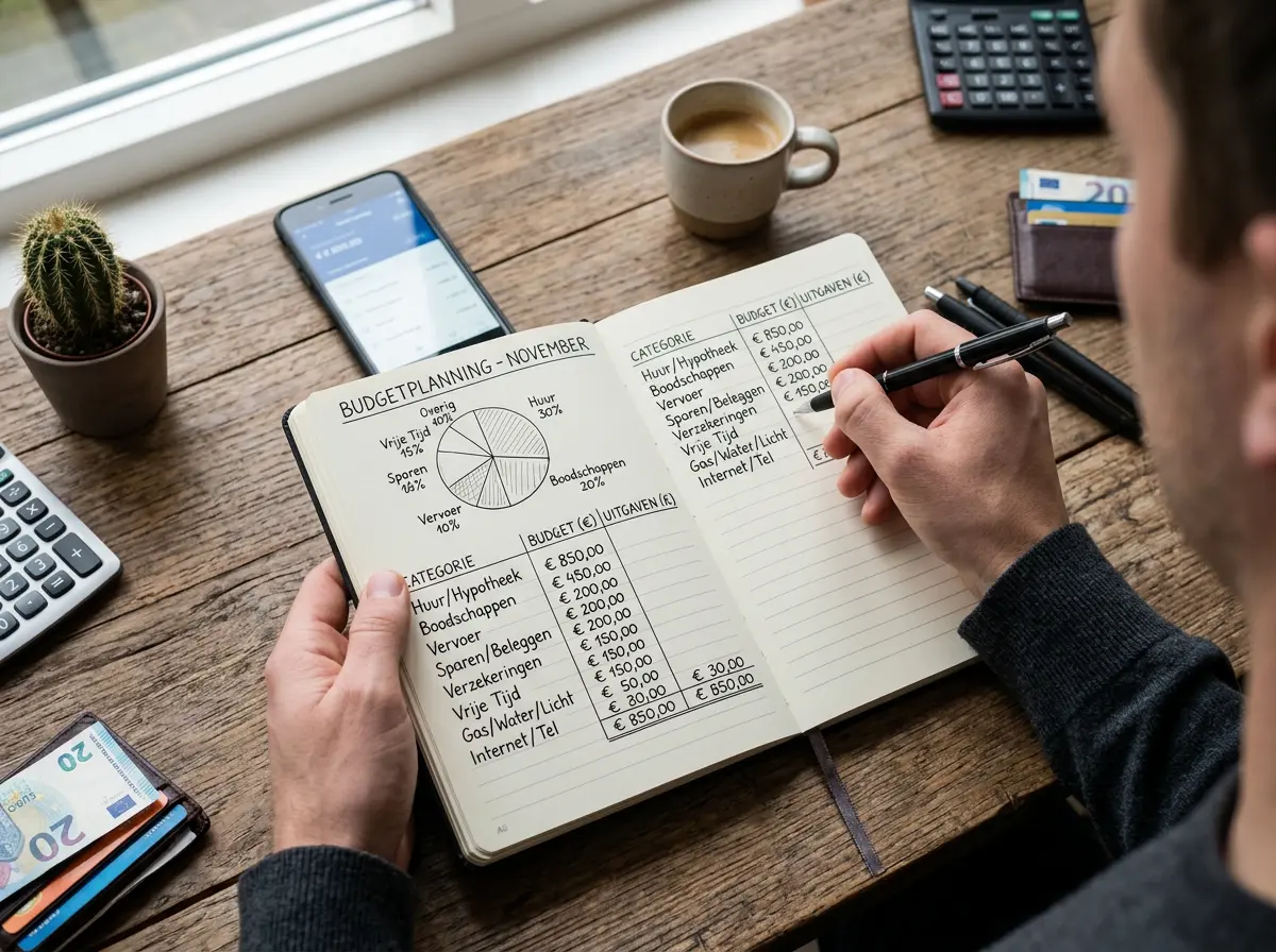 Persoon verdeelt budget in categorieën op papier