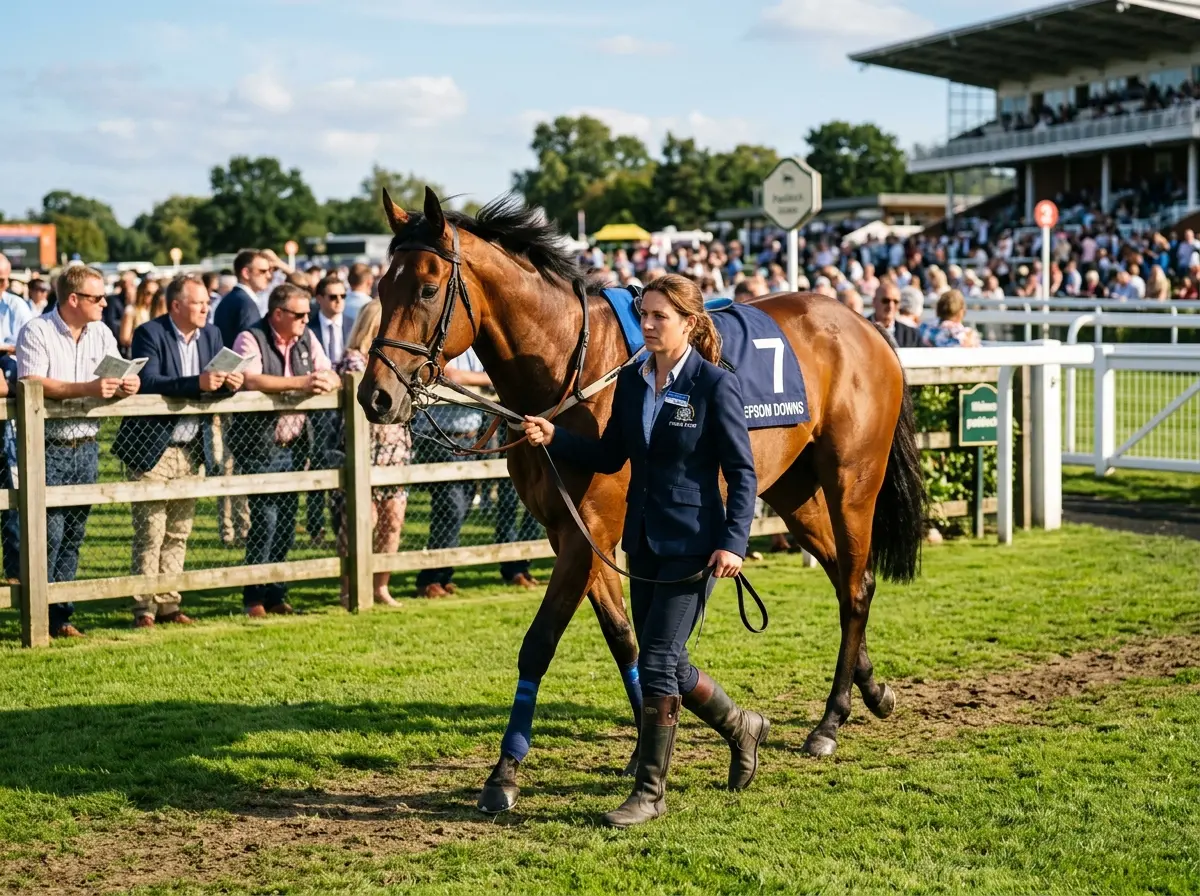 Trainer met paard in de paddock voor een race