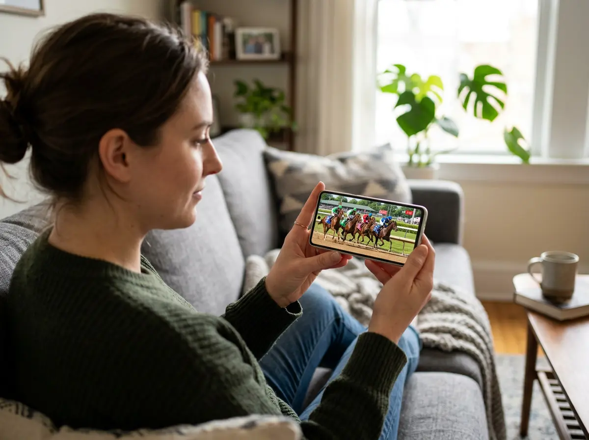Moderne smartphone met paardenrace livestream
