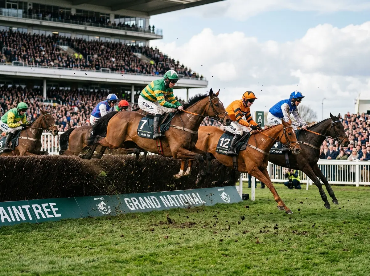 Grand National steeplechase met paarden die hindernis nemen