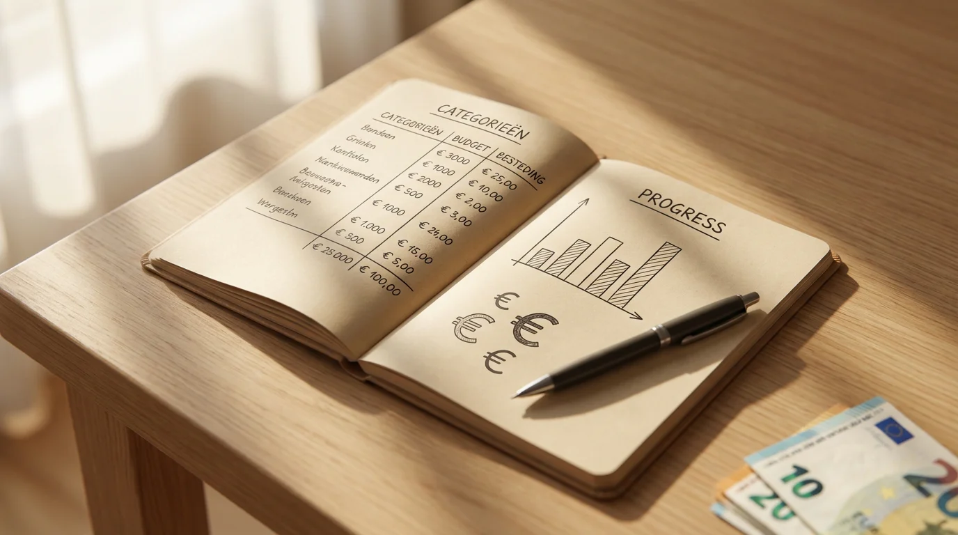 Notitieboek met budgetplanning en eurorekeningen op bureau