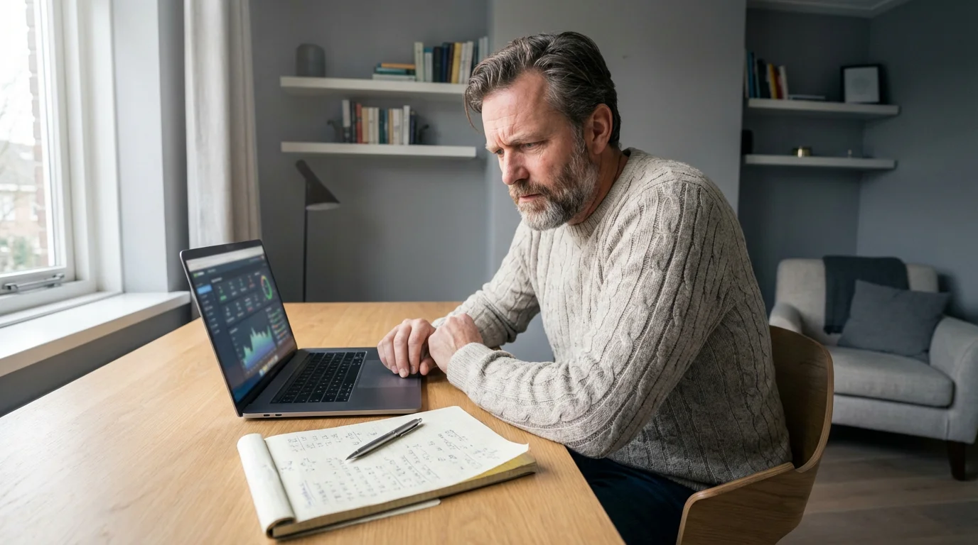 Persoon bestudeert sportweddenschap gegevens op laptop met notitieblok