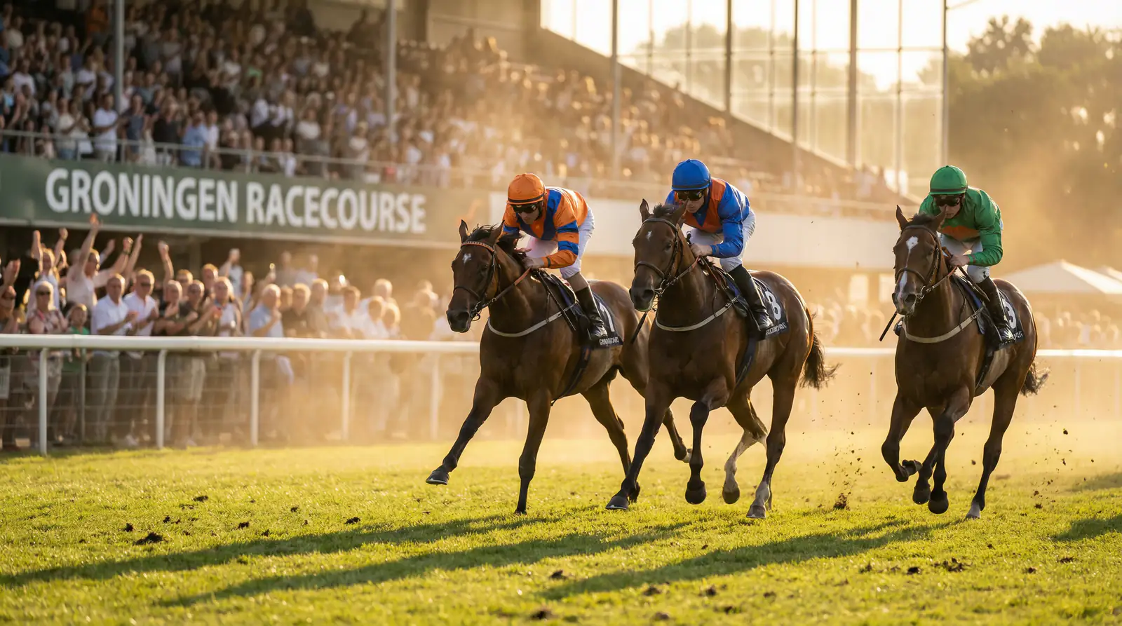Paardenrace op de renbaan met jockeys in actie