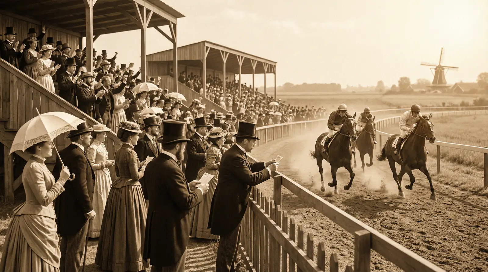 Historische paardenrenbaan met publiek in negentiende-eeuwse kleding