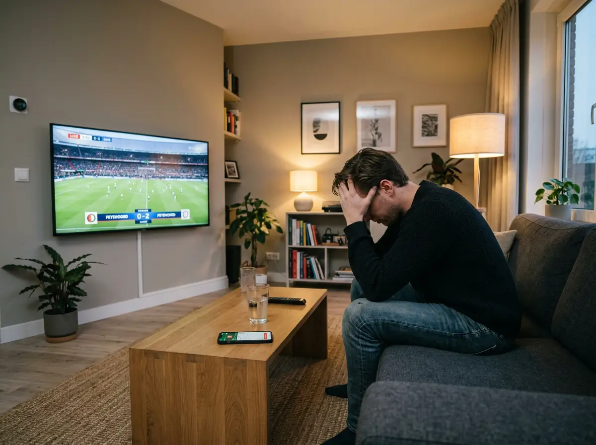 Gefrustreerde wedder kijkt naar sportwedstrijd op televisie
